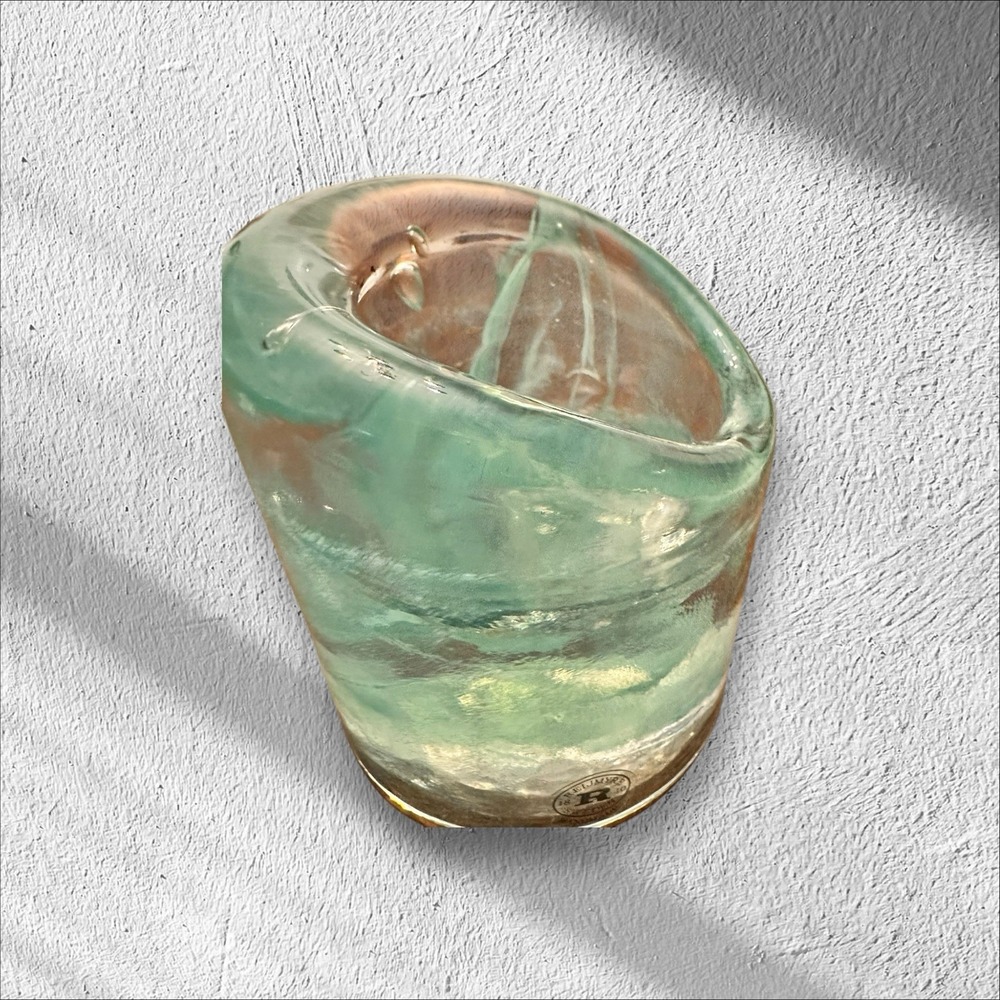 Reijmyre Sweden Round Sea Blue/Clear Glass Votive Candle Holder 3"x 3" - Picture 11 of 16